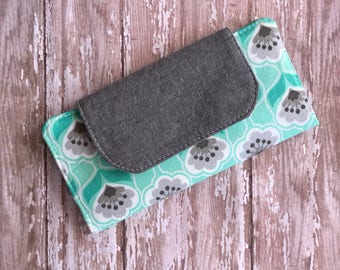 Floral Womens Wallet Slim Wallet Minimalist Wallet Credit Card Wallet Gift For Her Aqua and Gray Clutch Wallet Coin Purse Gift Under 25