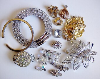 Craft Lot Sale of Various Broekn Vintage Jewelry and Items-Most are Rhinestones