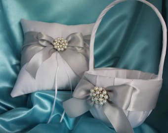 White or Ivory Flower Girl Basket with Silver Bow/Ring Bearer Pillow Silver Bow - Pearl and Rhinestone Embellishment-Age 4-7