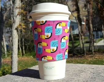 Fabric coffee cozy / coffee cup holder / coffee sleeve -- TOUCANS on pink