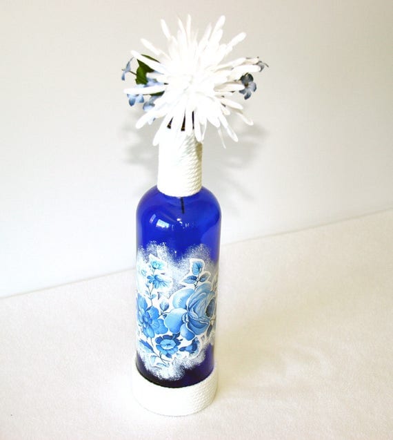 Deep Blue Decorative Liquor Bottle Floral Gift Handmade Home