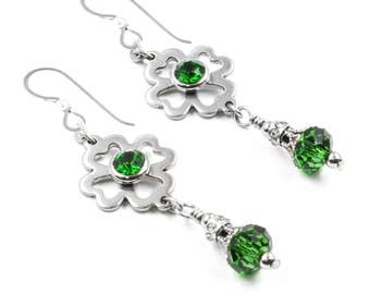 St. Patricks Day Earrings, Emerald Earrings, Shamrock earrings, Green Shamrocks, 4 leaf Clover Earrings