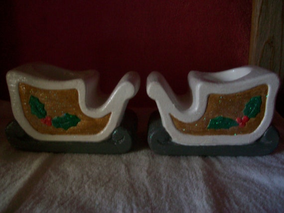 Ceramic Candle Holder Christmas sled set, gold, white, gray , glittered with red berry, green holly leaves, home decoration, great gift