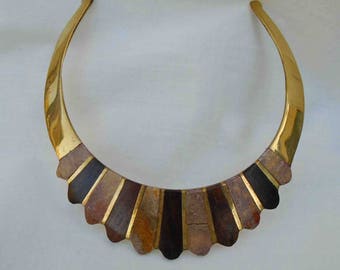 Vintage Eighties Brass and Wood Inlay Sunburst Style Choker Necklace / Made in India / Ethnic Collar Style Necklace