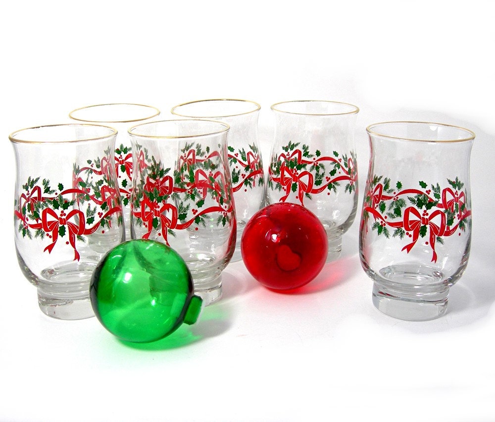 Christmas Beverage Glasses Six Libbey Holly By Atticdustantiques 4891