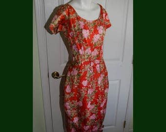 Vintage 1950’s Asian Inspired Red Floral Print Dress with Puffy Tulip Skirt