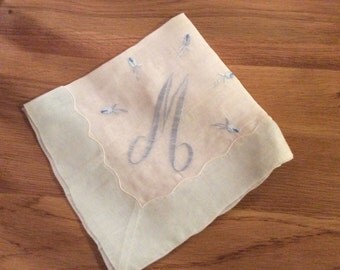 Initial M Handkerchief Hankie Blue Embroidery Outstanding Condition H3