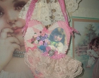 Sweet OOAK Altered Art Pink Antique Quilt Heart Lavender Sachet w Little Girl Paper Doll Glittered Handmade