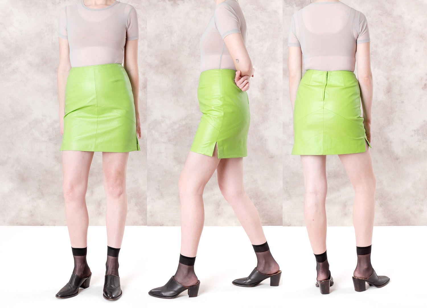 LEATHER MINI SKIRT lime green Colorful women skirts Vintage