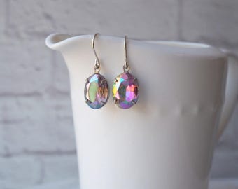 Purple Rhinestone Earrings / Vintage Rhinestone Jewels / Purple Amethyst AB Mirror Finish / Vintage Jewel Sterling Silver / Feminine Sparkle