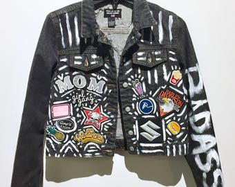 Jacket, denim jacket, custom denim, Ralph Lauren, hand painted clothing, srudded, rock and roll, punk, rock, patches, hand painted, rocker