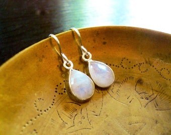 Tiny Moonstone Earrings in Silver - Tear Drop Rainbow Moonstone Gemstone and Silver Drop Earrings, Sterling Silver Moonstone Earrings