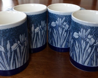 Vintage Otagiri Iris Mugs - Four Blue and White - Japan