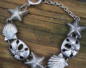 Starfish and Shell Silvertone Link Bracelet
