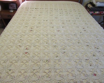 Vintage hand made cotton off white crocheted bed spread- nice condition, clean, ready to use on a bed in your home or cottage