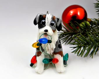 Australian Shepherd Blue Merle Christmas Ornament Figurine Lights Porcelain