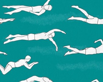 Swimmers Fabric - Swimmers On Turquoise By Landpenguin - Swimmers Sports Swim Team Cotton Fabric By The Yard With Spoonflower