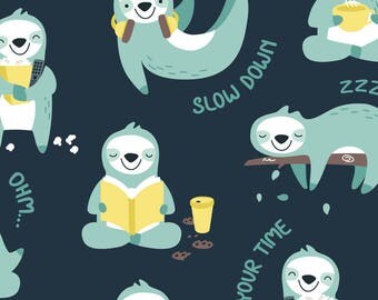 Sloth Fabric - Lazy Sloth - Navy Mint By Ewa Brzozowska - Sloth Cotton Fabric By The Yard With Spoonflower