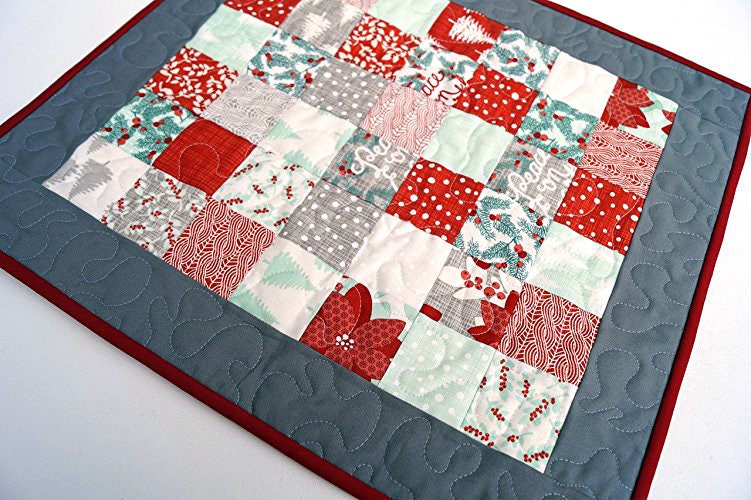 Modern Christmas Quilted Table Topper in Red and Green Prints