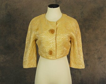 vintage 50s Cropped Jacket - 1950s Gold Satin Brocade Bolero Jacket SZ S M