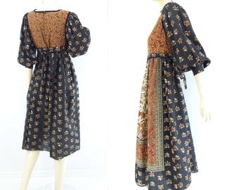 Vintage Boho Dress 70s Peasant Dress Boho Floral Dress 1970s Gypsy Dress Boho Midi Dress 70s Festival Dress Black Floral Hippie Dress m