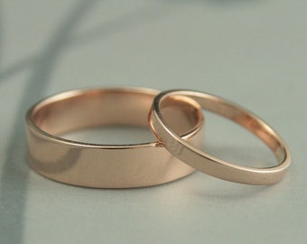 14K Rose Gold Wedding Band Set--Flat Modern Wedding Ring Set--5mm & 2mm Straight and Narrow Gold Bands--His and Hers Wedding Ring Set