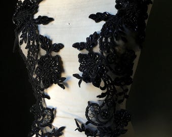 BLACK Beaded Applique Pair for Grad, Illusion Gowns, Lyrical Dance, Ballet, Bridal, Costumes PR 33bl