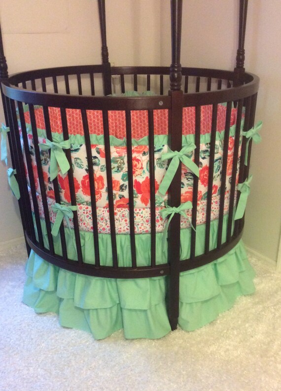 Baby Girl Round Crib Bedding Set Coral and Mint