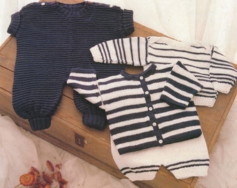 PDF Baby Knitting Pattern / Romper Suit, Striped Cadigan, Striped Sweater, Pilchers / Baby Set in 10ply yarn /PDF Post FREE Knitting Pattern