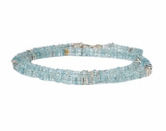 Necklace of square aquamarine slices with silver and gold