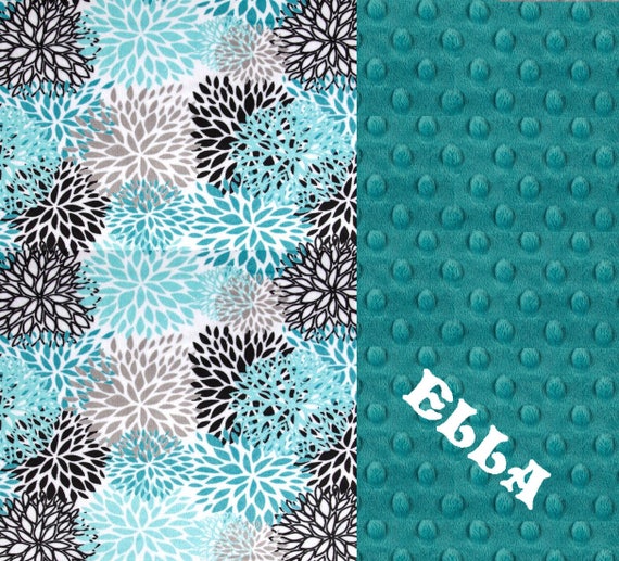 60 x 70 Minky Adult Blanket, Flowers Teal White Personalized Blanket / Gray Teal Flower Blanket / Teal Throw // Name Blanket // Gift for her