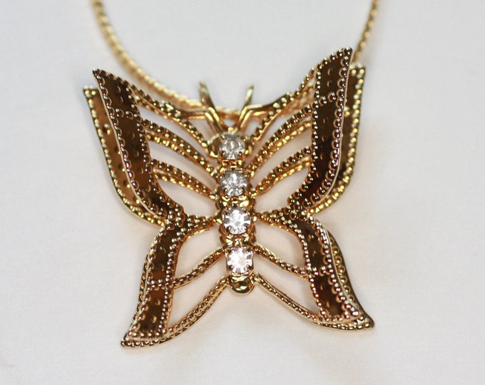 Butterfly Filigree Pendant Necklace Rhinestones Vintage