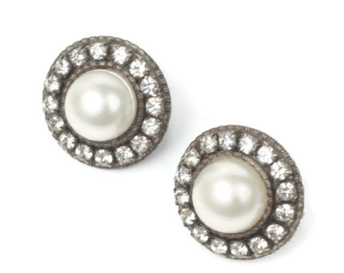 Faux Pearl Earrings Rhinestone Accents Domed Round Vintage