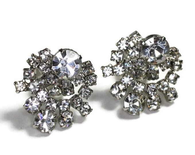Clear Rhinestone Earrings Circular Dangle Clip On Vintage Bridal Wedding