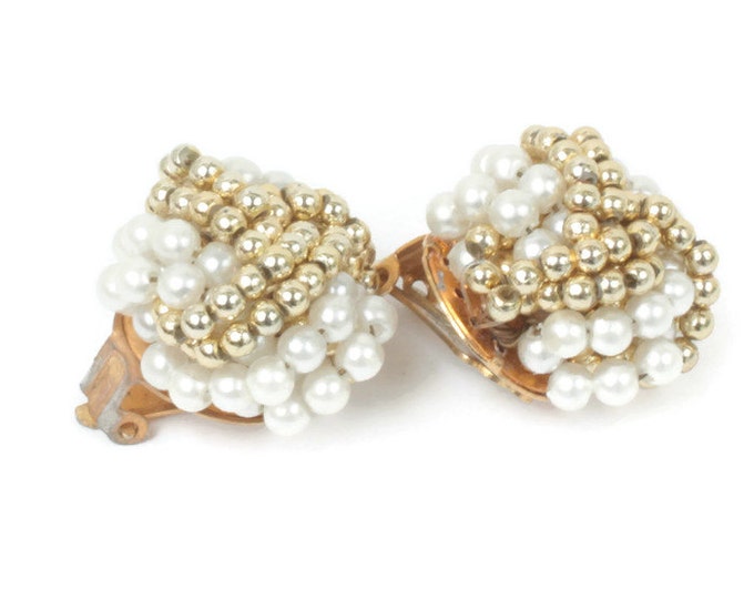 Gold and Pearl Beaded Earrings Simulated Pearl Clip Style Vintage