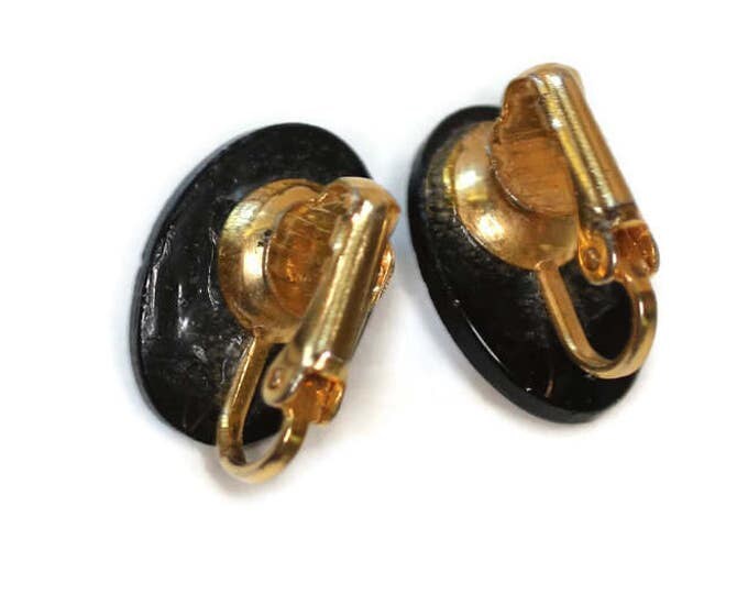 CIJ Sale Cameo Earrings Lucite on Black Ovals Gold Trim Clip Earrings