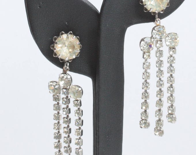 Crystal Rhinestone Dangle Earrings Three Strands Screw Back Vintage