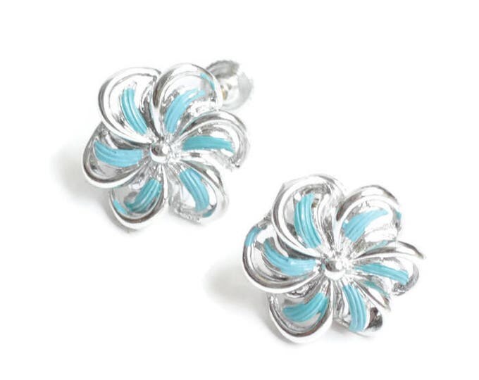 Turquoise Enamel Earrings Pinwheel Swirl Design Signed Star Screw Back