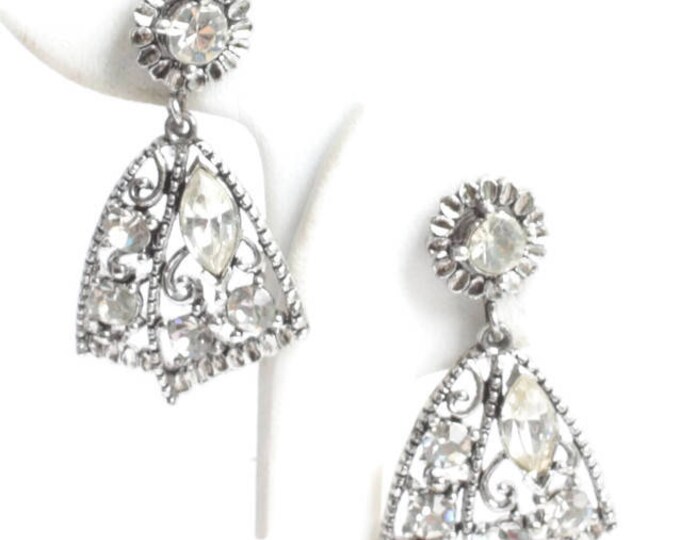 Rhinestone Dangle Earrings Marquise Chatons Triangular Shape Vintage