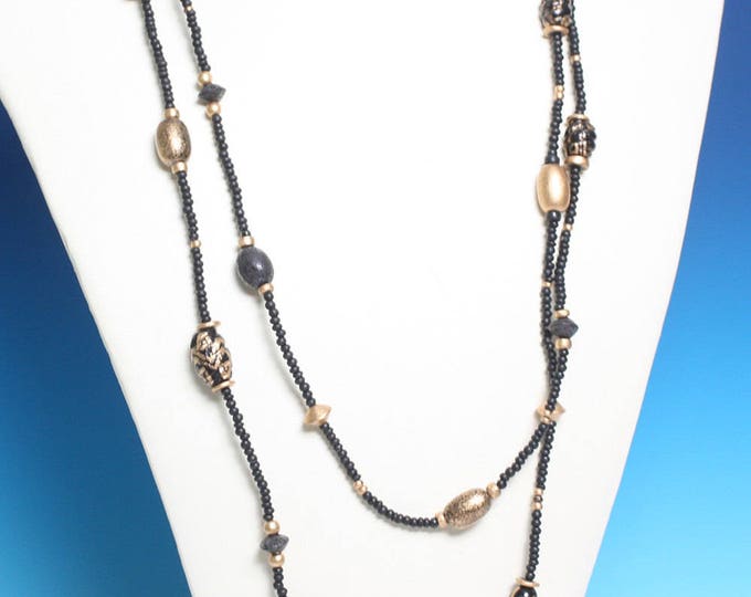 Black Bead Necklace Gold Painted Wooden Beads 60 Inch Long Boho Bohemian Vintage