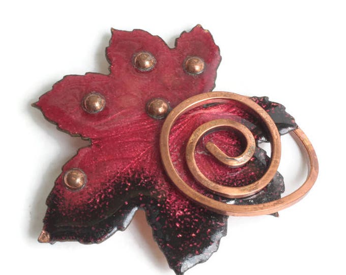 Matisse Red Enamel Copper Leaf Brooch Vintage