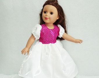 18 inch Doll's Ball Gown, White Satin and Pink Sequin doll dress, 18 inch Fashion Doll's Formal puff sleeve dress, dolls maxi party dress