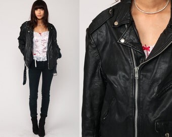 Leather MOTORCYCLE Jacket 80s Black Biker Jacket Distressed 1980s Vintage Moto Punk Rock Hipster Coat Belted Zippered Epaulette Medium