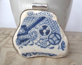 Sea Glass Pendant - Blue Pottery Shard and Sterling Pendant