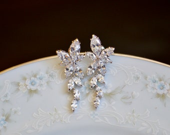 Cubic zirconia flower cluster dangle wedding earrings, sparkling earrings, flower bridal post earrings