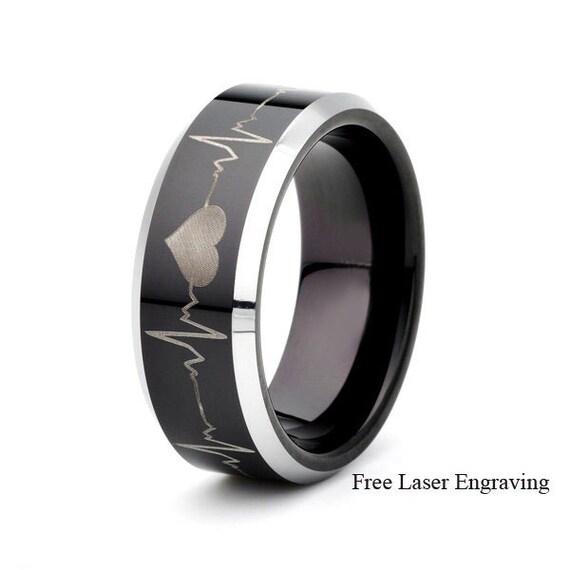 black tungsten wedding band lasers engraved heartbeat all around the ring 8mm silver plated beveled edge - All Black Wedding Rings black tungsten wedding band lasers engraved heartbeat all around the ring 8mm silver plated beveled edge - All Black Wedding Rings