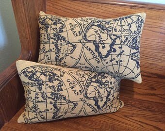 Set of 2 OLD WORLD PILLOWS-burlap farmhouse style decor-12"x 20"-map-globe-trendy