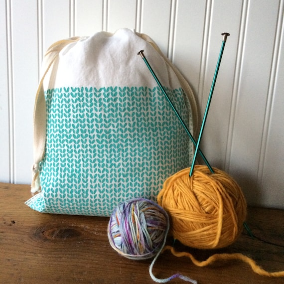 Knit Stitch Knitting Project Bag, Organic Linen Drawstring Bag, Cloth Gift Ba...