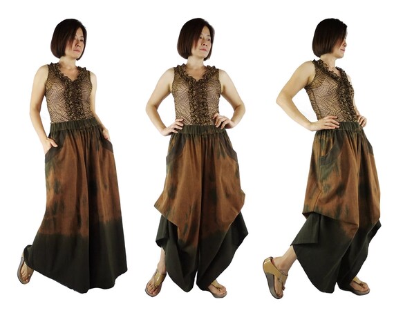Charcoal Dip Dye Hem Stonewashed Rustic Brown Cotton Super Wide Legs Funky Bell Bottom Pants With 2 Pockets And Elastic Waist - SM683C by beyondclothing steampunk buy now online