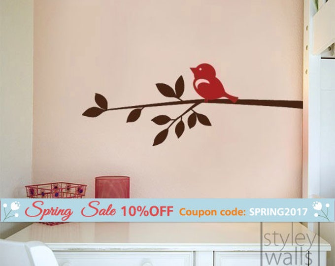 Bird and Branch Wall Decal, Cute Bird on a Branch Vinyl Wall Decal, Nursery Wall Decal, Bird and Branch Wall Sticker for Kids Room Decor